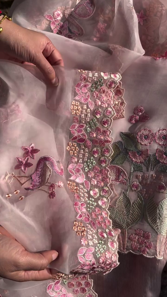 Delicate Pink Fabric with Embroidered Flamingos and Florals