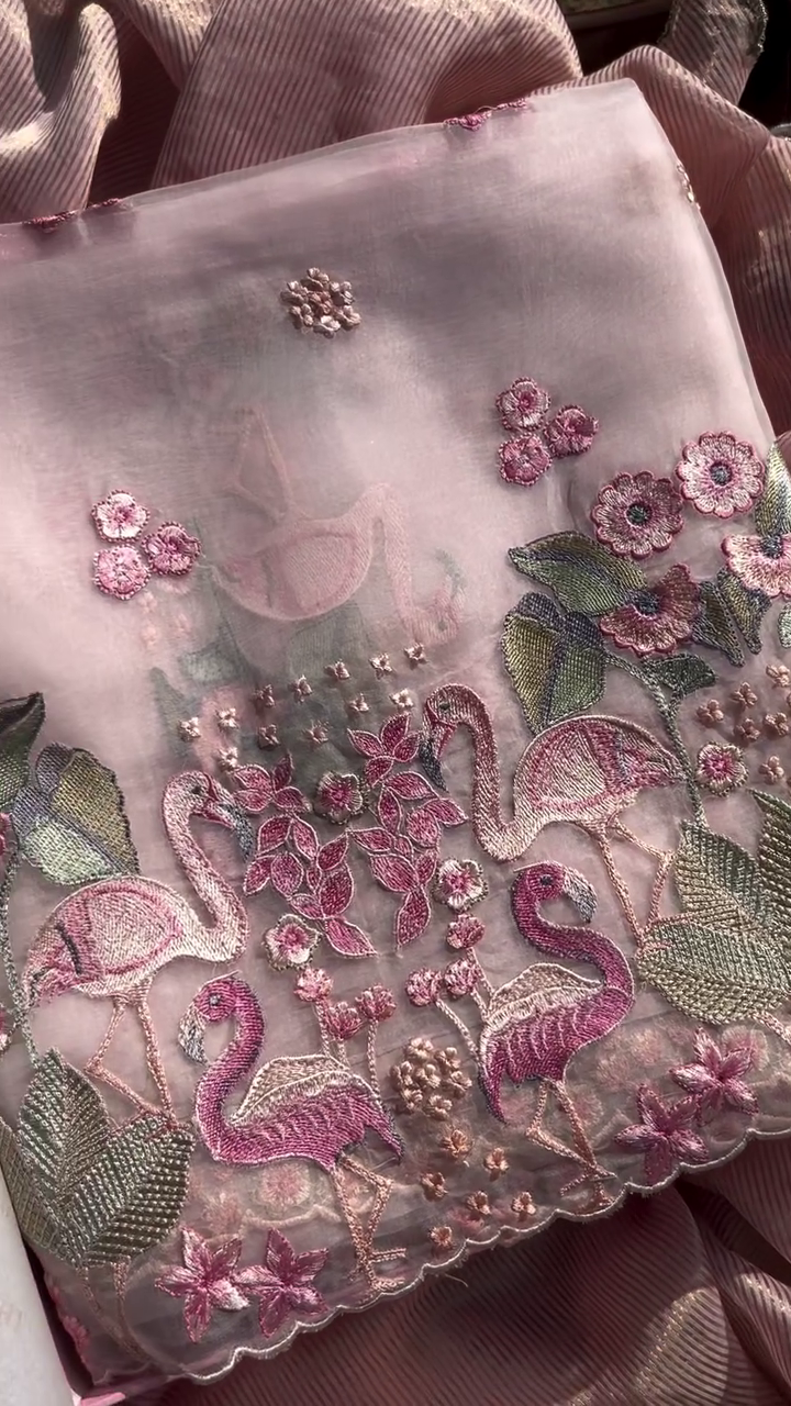 Delicate Pink Fabric with Embroidered Flamingos and Florals