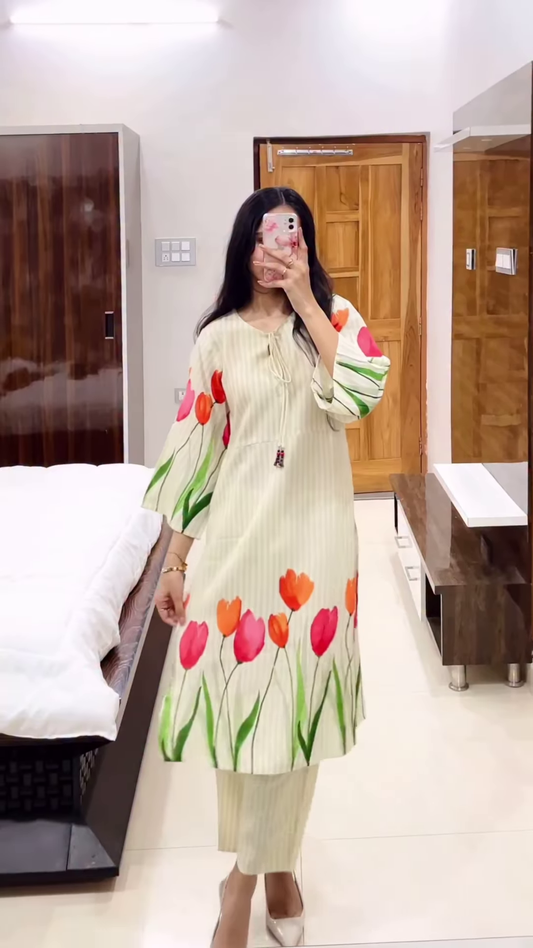 Cream Tulip-Print Kurta Set with Matching Pants – Elegant Floral Ethnicwear for Women