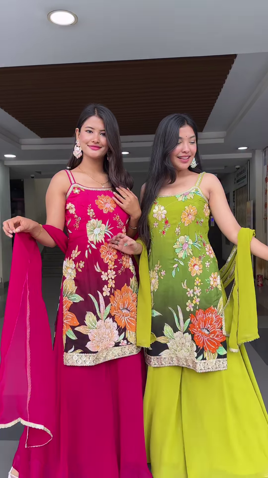 Lime Green Floral Embroidered Suit Set with Dupatta – Vibrant Traditional Ensemble for Women