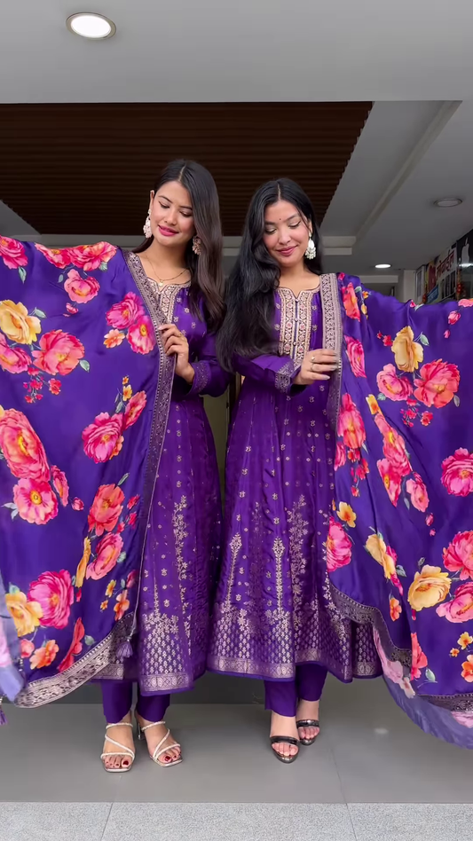 Purple Embroidered Suit Set with Floral Dupatta – Regal Ethnicwear for Women