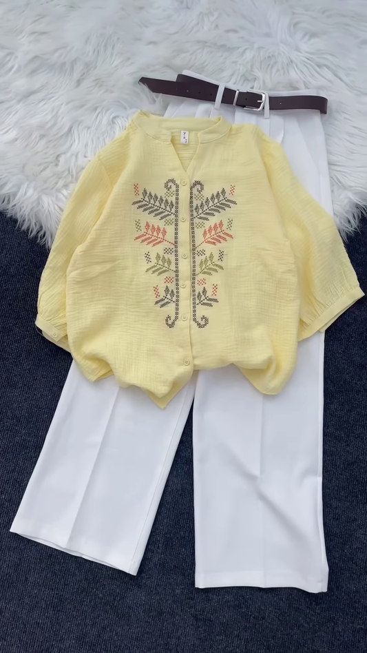 Multicolor Embroidered Shirt Set with Leaf & Geometric Motifs – Casual Ethnic Tops for Women