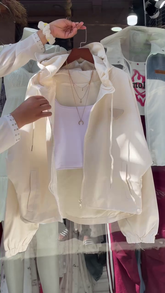 Beige Hooded Jacket with White Tank Top – Layered Casualwear for Women