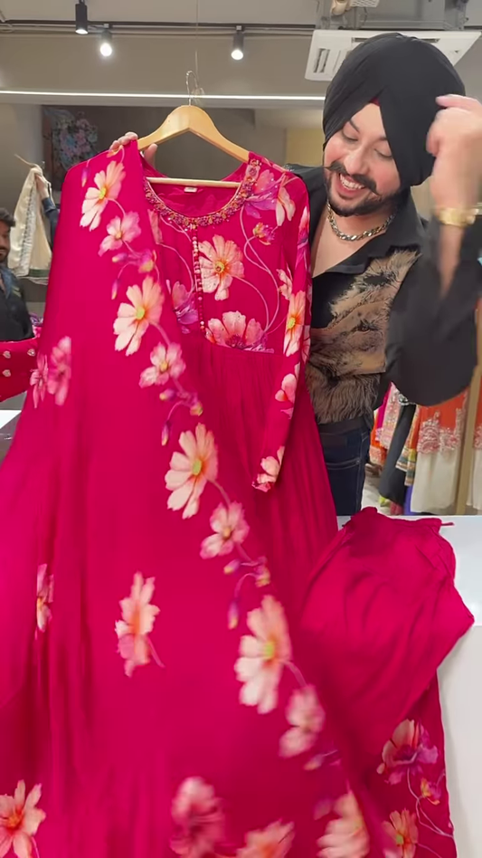 Bright Pink Floral Printed Flared Kurti with Embroidered Neckline and Button Detailing