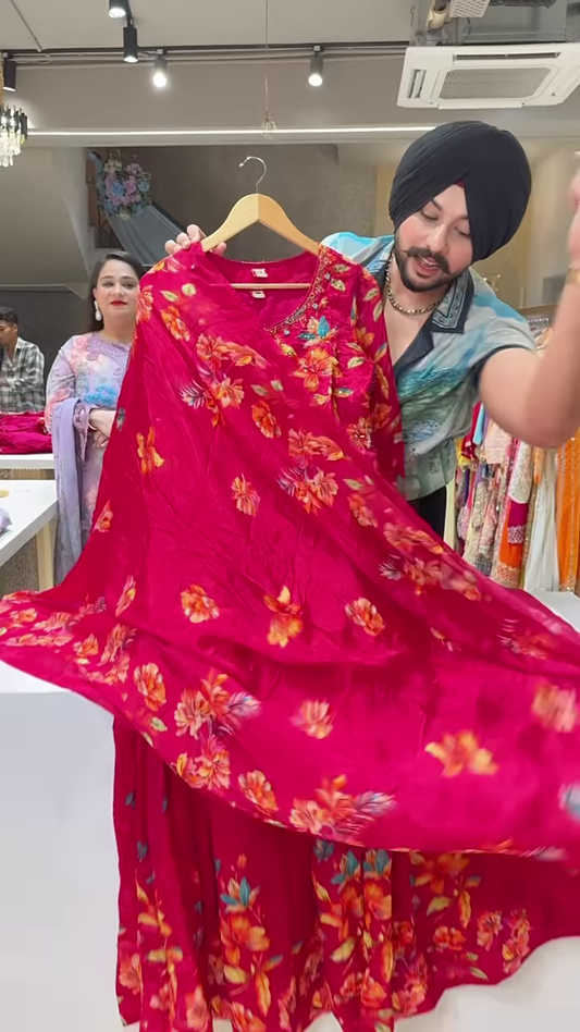 Bright Red Floral Printed Ethnic Dress with Coordinated Jacket for Women