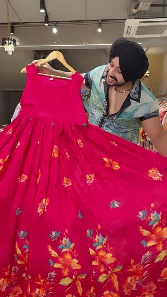 Bright Red Floral Printed Ethnic Dress with Coordinated Jacket for Women