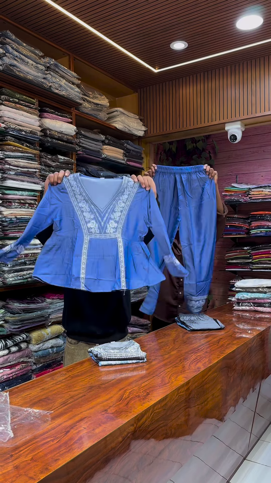 Blue Embroidered Long-Sleeve Top and Matching Pants Set with White Threadwork