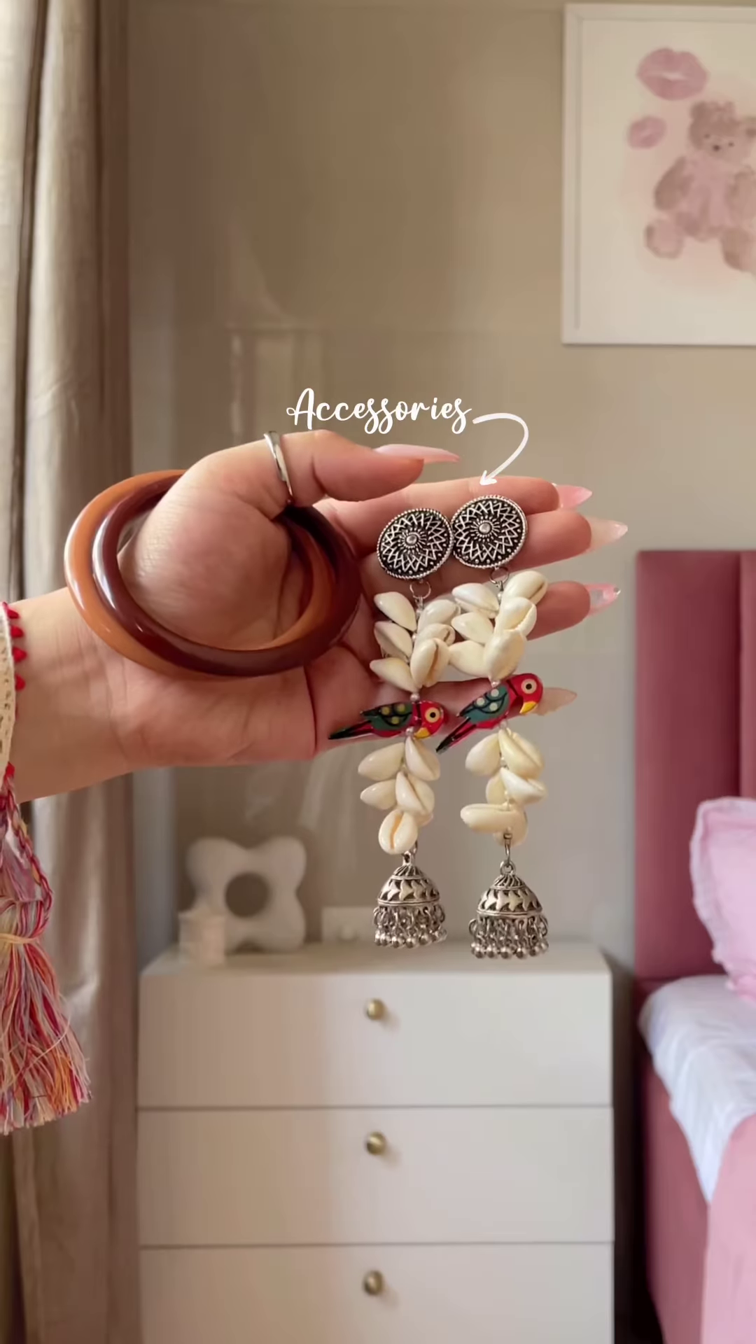 Cream-Colored Embroidered Traditional Dress with Colorful Circular Motifs and Pink Tassel Accents