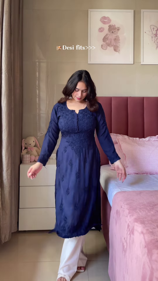 Dark Blue Embroidered Kurta with White Pants – Elegant Desi Outfit for Women