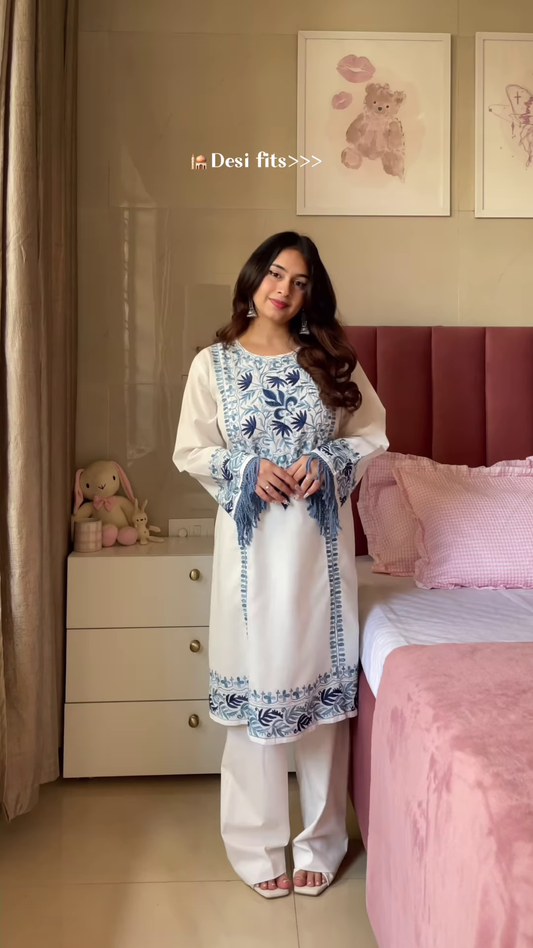 Dark Blue Embroidered Kurta with White Pants – Elegant Desi Outfit for Women