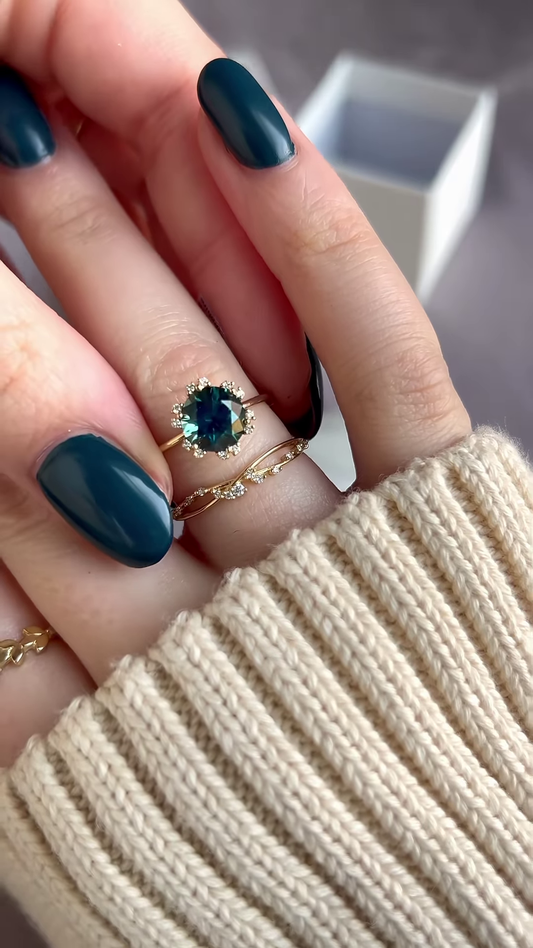 Elegant Gold-Plated Ring Set with Oval Teal Gemstone and Pave Band