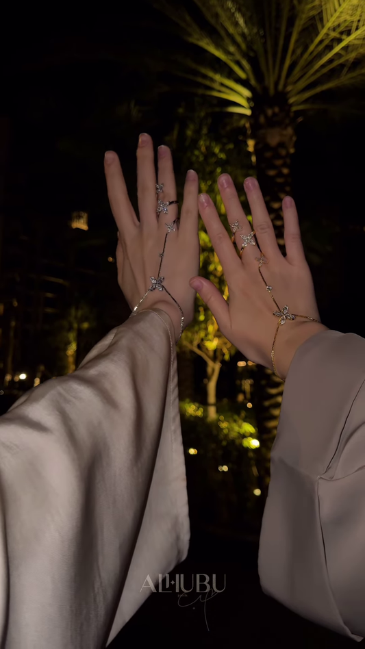 Elegant Gold-Toned Hand Chain Bracelets with Sparkling Floral and Star Accents – Adjustable Finger Rings