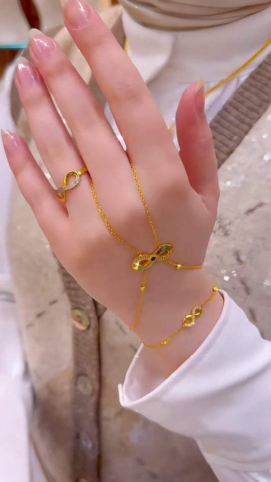 Elegant Gold-Toned Hand Chain Bracelet with Infinity Symbol and Sparkling Accents – Connected Ring