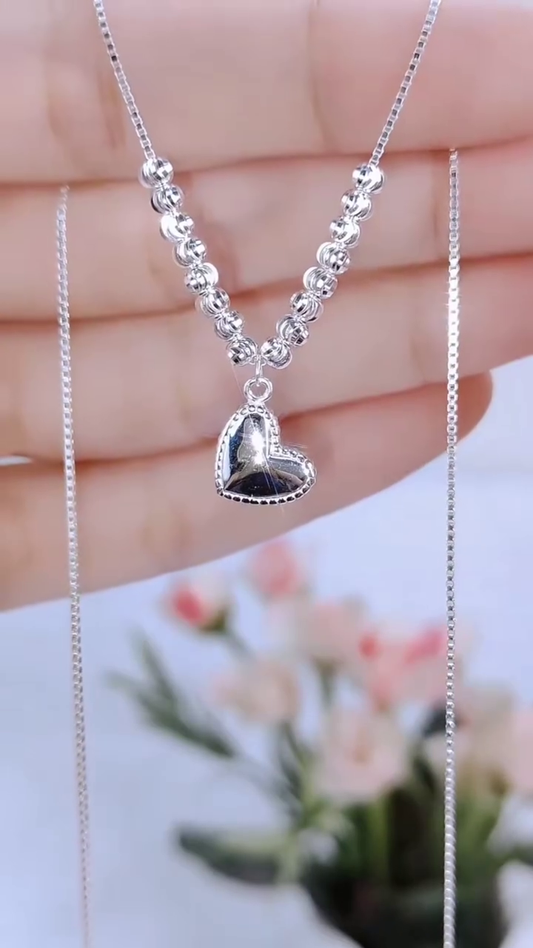 Elegant Silver Heart Pendant Necklace with Beaded Detail – Romantic Jewelry for Women