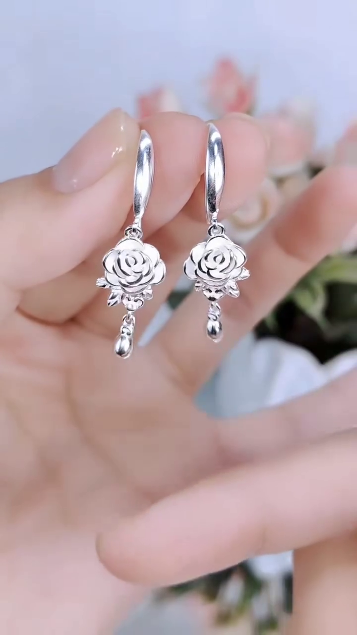 Elegant Sterling Silver Rose Drop Earrings with Delicate Teardrop Accents