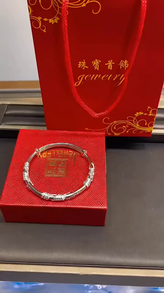 Elegant Sterling Silver Open Bangle Bracelet with Intricate Floral and Scroll Engravings