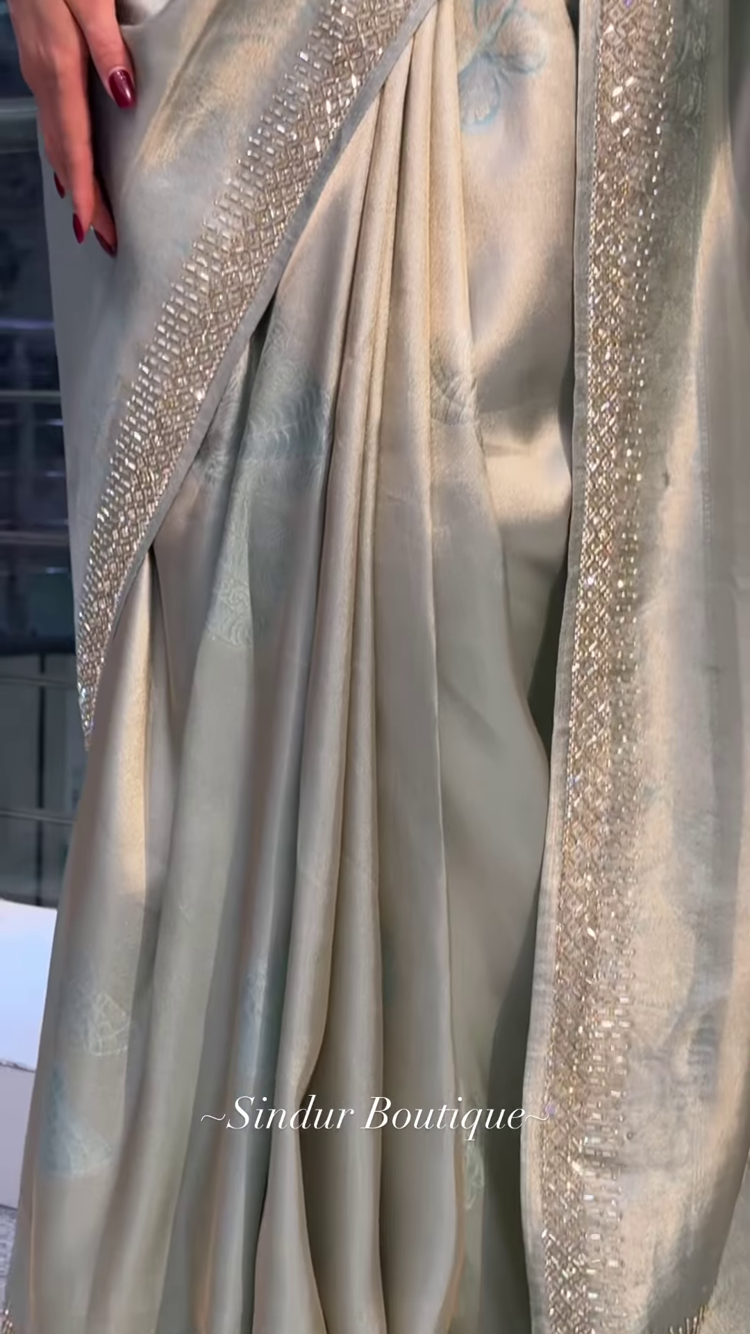 Elegant Sage Green Silk Saree with Sparkling Embellished Border