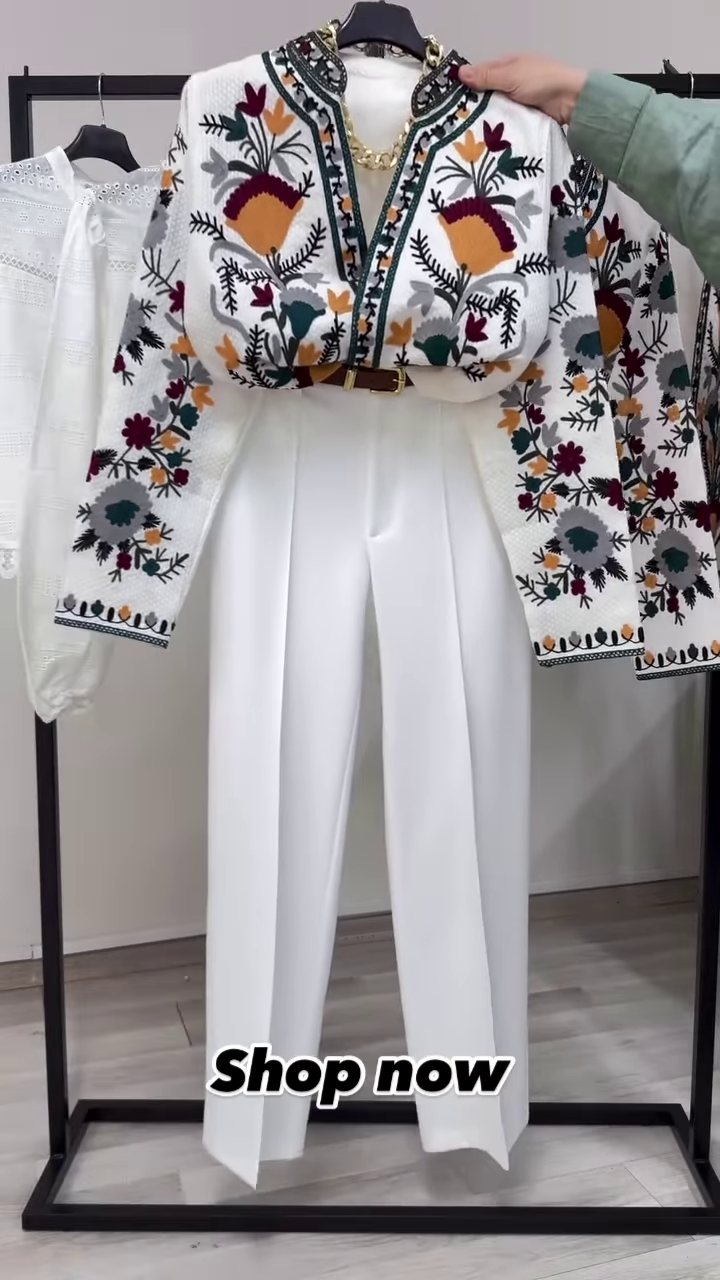 Elegant Women’s Embroidered Jacket and High-Waisted White Pants Set