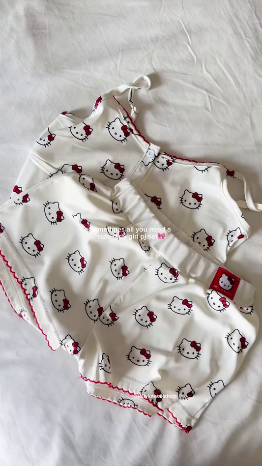 Cute Women’s Hello Kitty Cami Pajama Set with Ruffle Trim