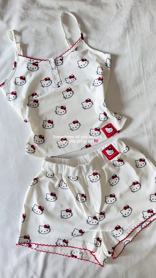 Cute Women’s Hello Kitty Cami Pajama Set with Ruffle Trim