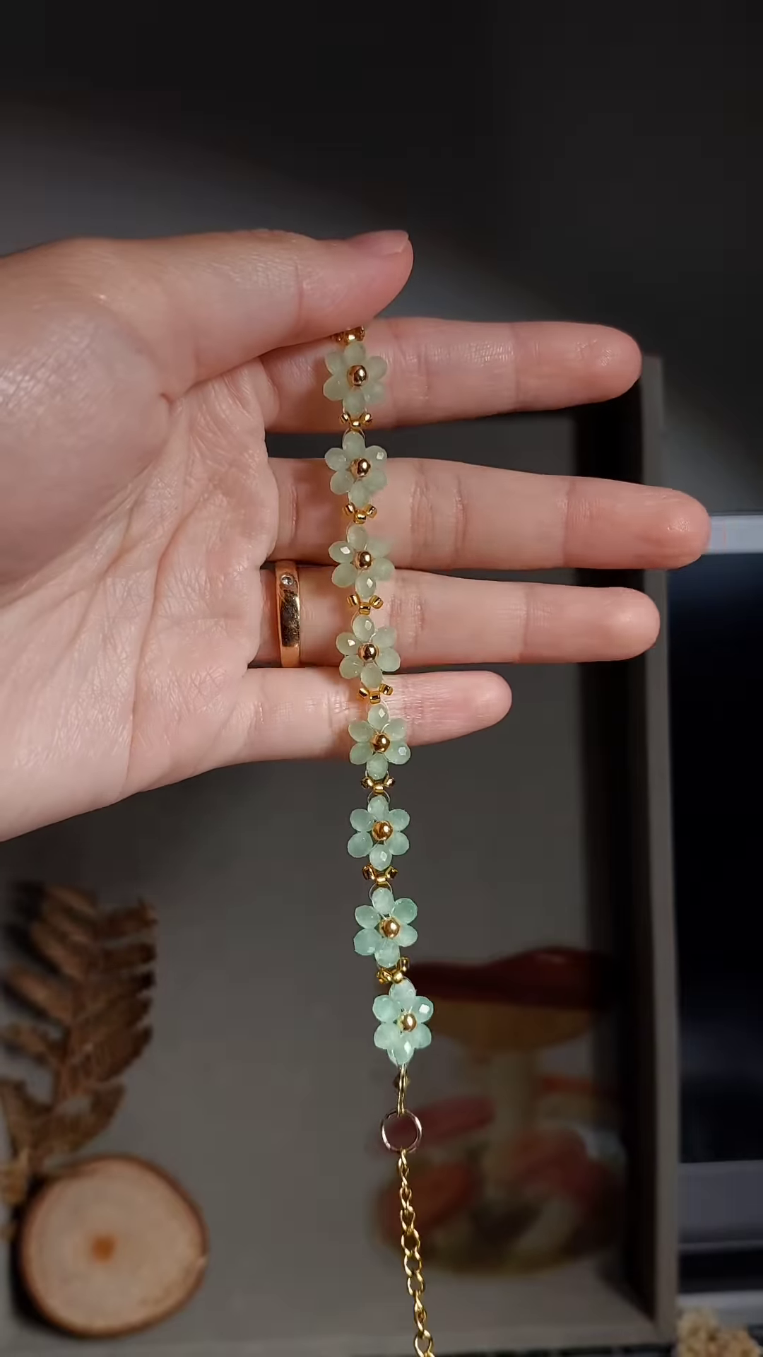 Delicate Light Green Gemstone and Gold-Toned Floral Bracelet for Women