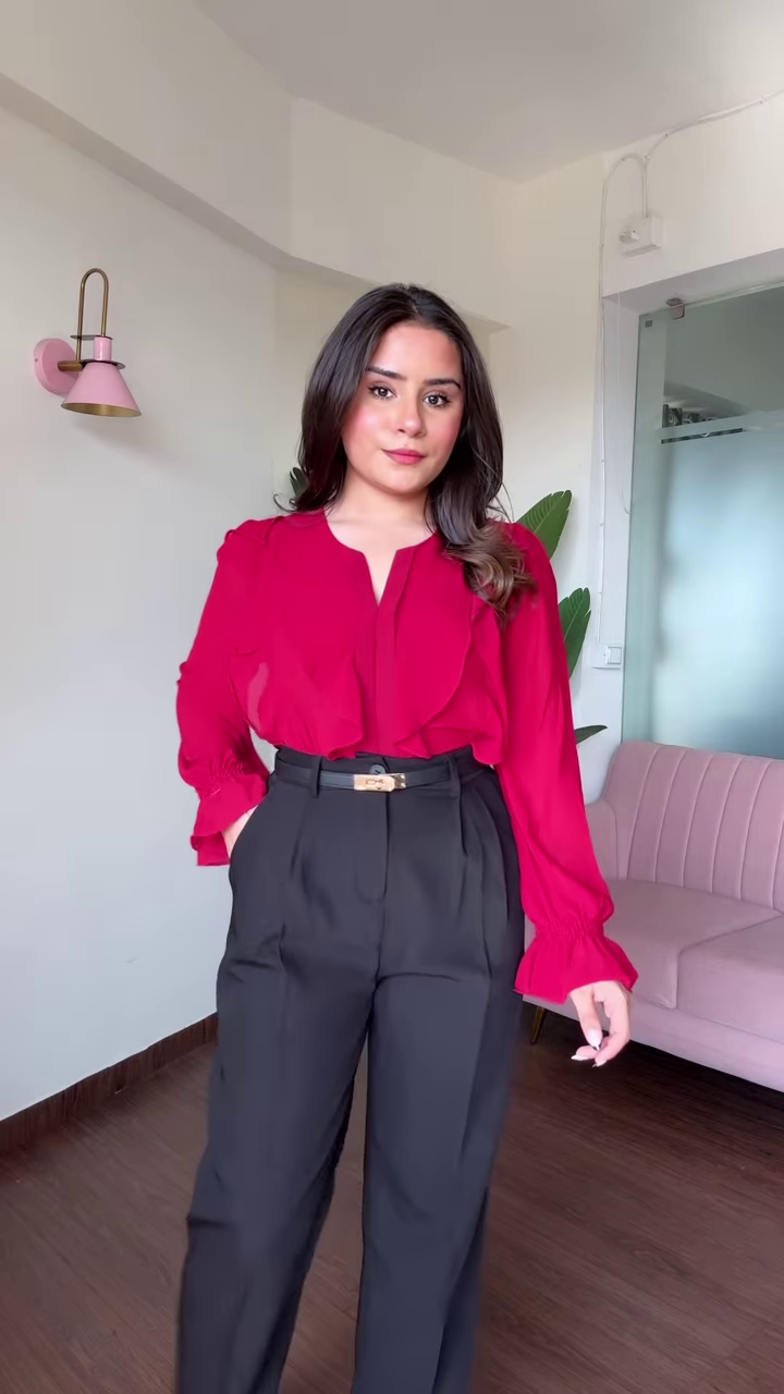Chic Cold Shoulder Floral Print Blouse with Ruffle Sleeves and High-Waisted Black Pants