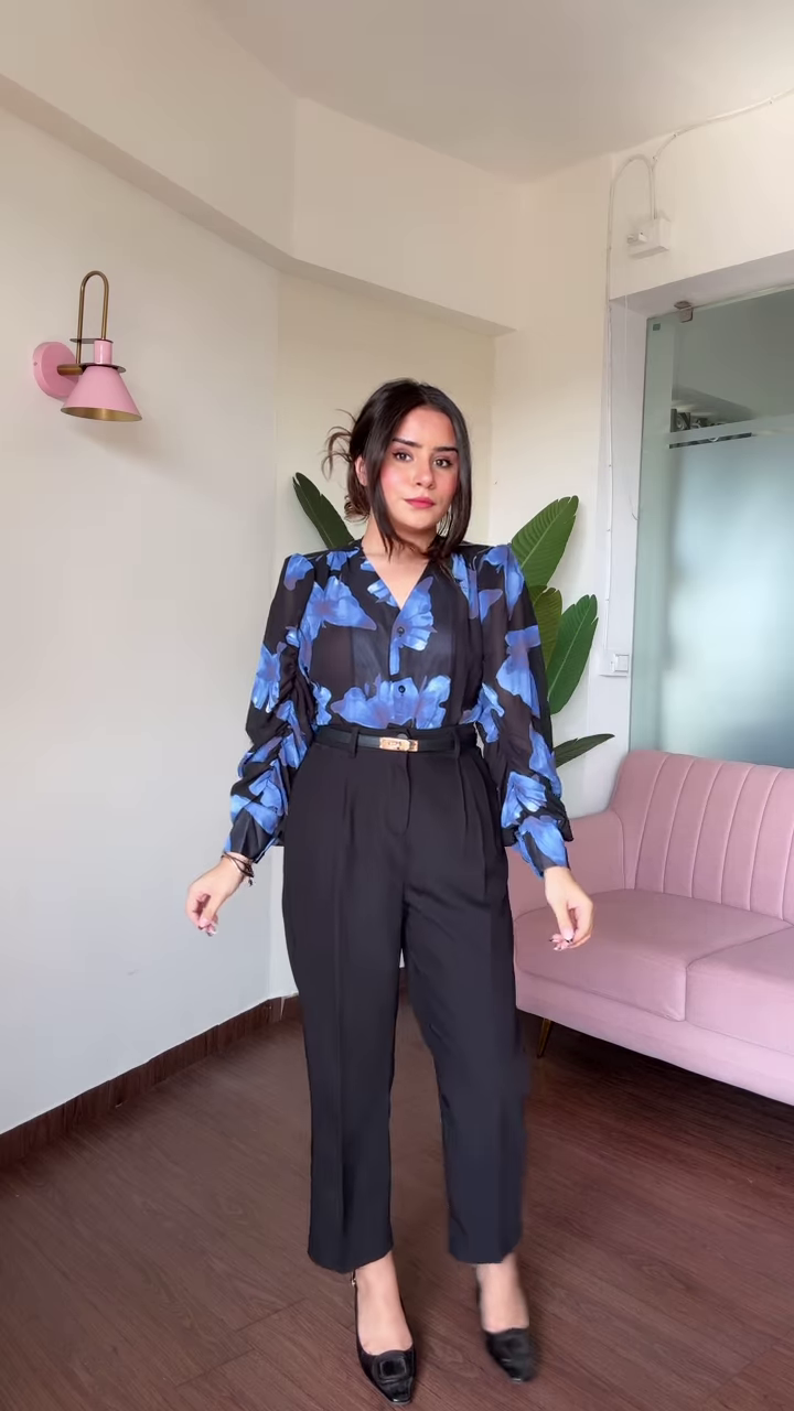 Chic Cold Shoulder Floral Print Blouse with Ruffle Sleeves and High-Waisted Black Pants