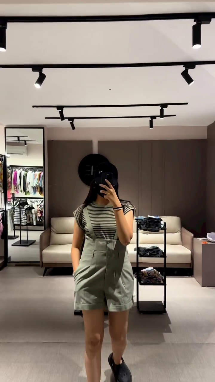 Casual Women’s Olive Green Overall Shorts with Striped Tee