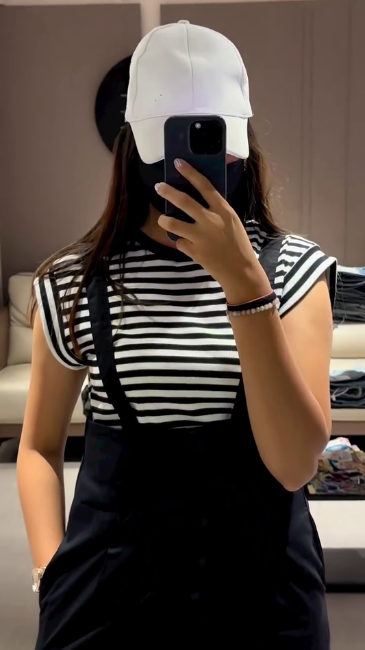 Casual Women’s Olive Green Overall Shorts with Striped Tee