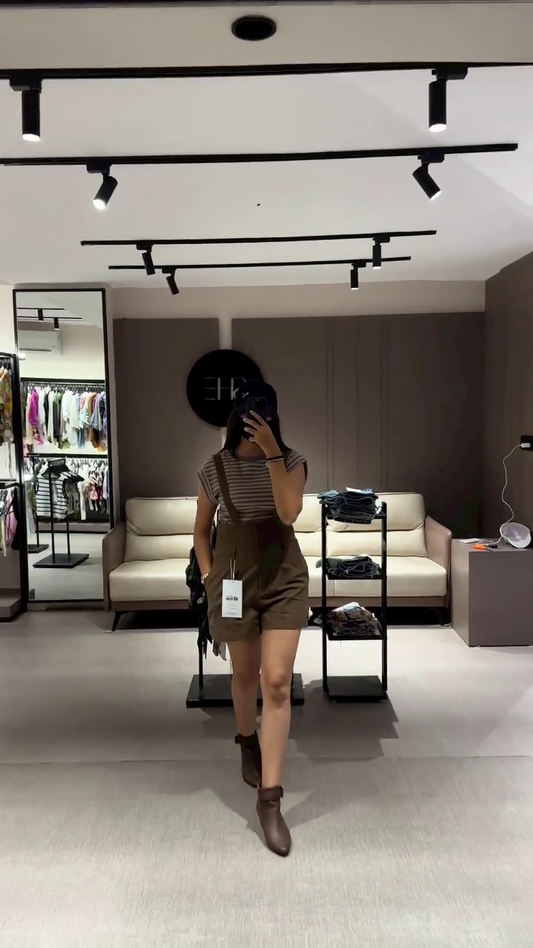 Casual Women’s Olive Green Overall Shorts with Striped Tee