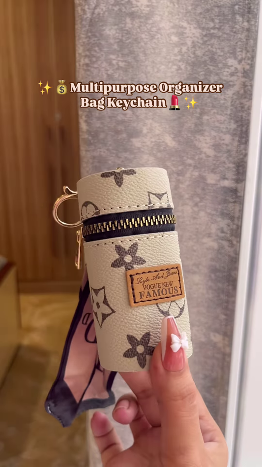 Compact Cylinder Keychain Bag with Zipper and Decorative Scarf