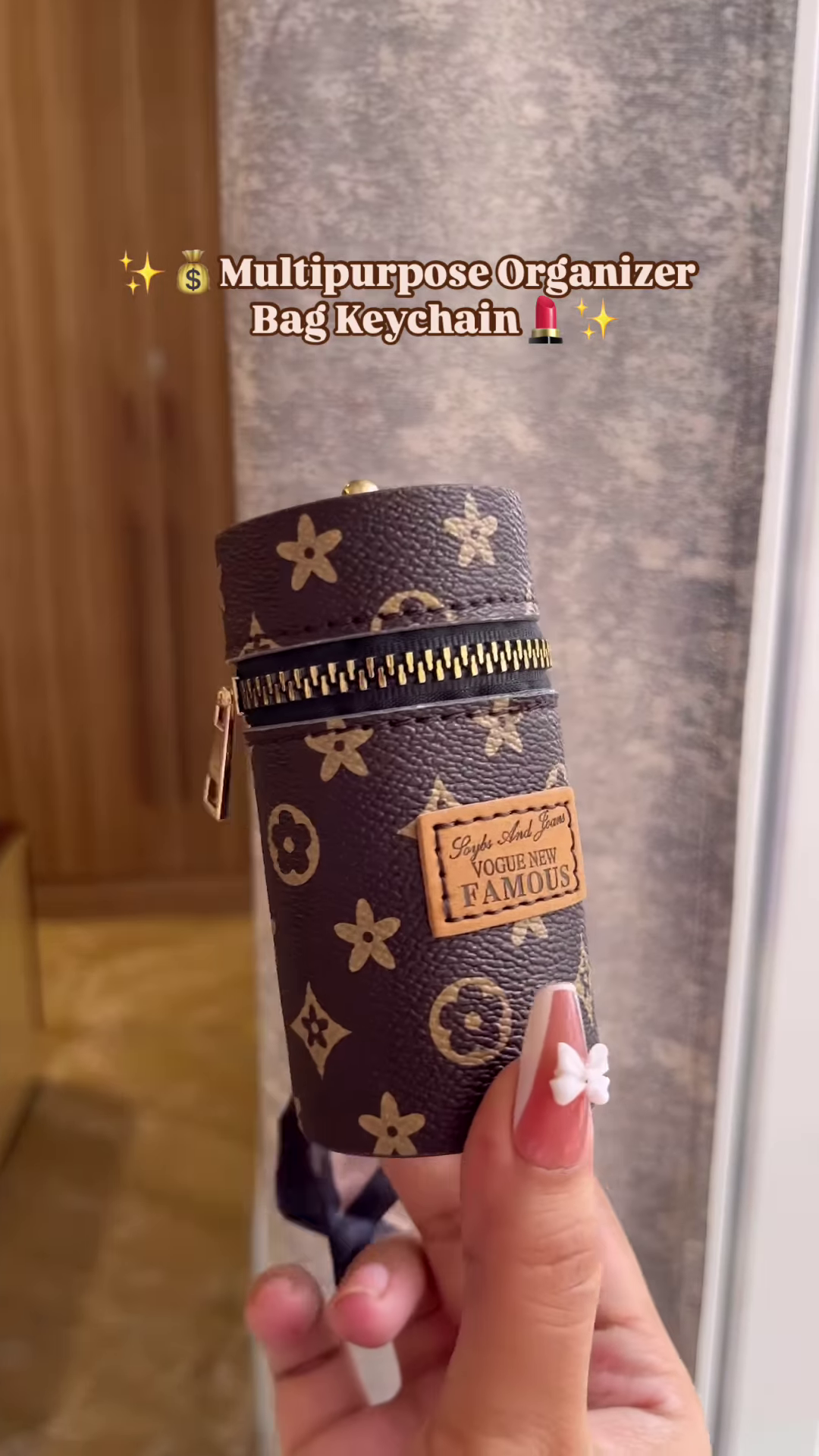 Compact Cylinder Keychain Bag with Zipper and Decorative Scarf