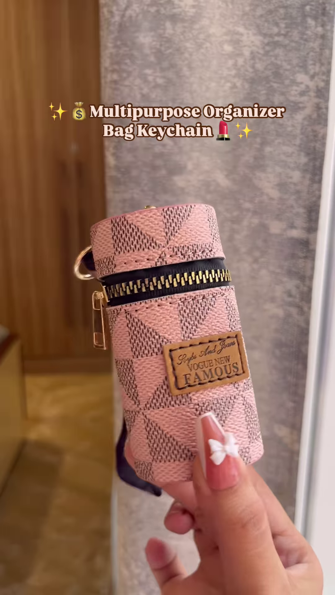 Compact Cylinder Keychain Bag with Zipper and Decorative Scarf