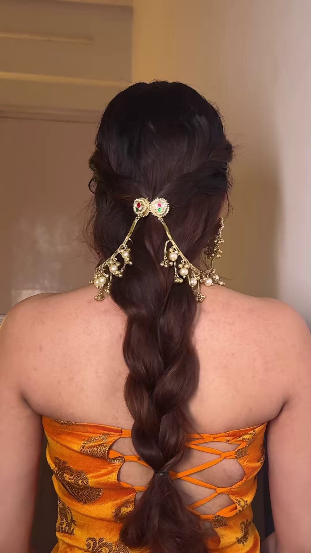 Elegant Gold-Toned Ear Chains (Kaan Chains/Mattals) with Floral Design and Pearl Drops