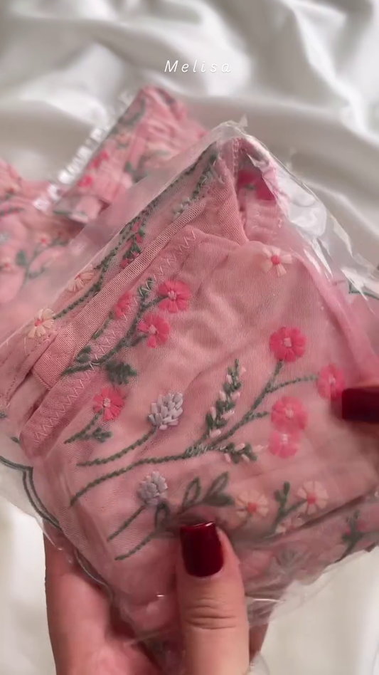 Delicate Pink Floral Embroidered Lingerie Set with Sheer Details