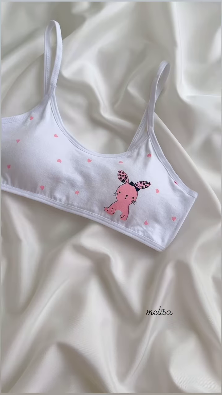 Cute White Cotton Training Bra with Pink Bunny and Hearts for Girls