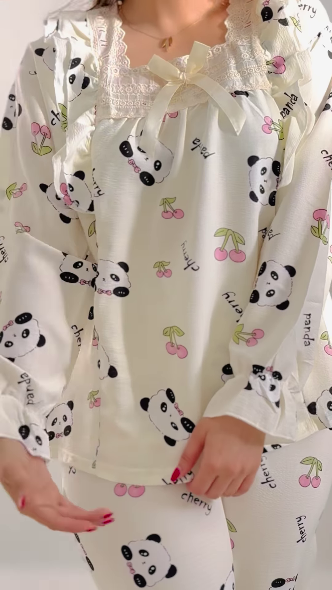 Cozy Long-Sleeved Pajama Set with Cute Prints and Lace Trim