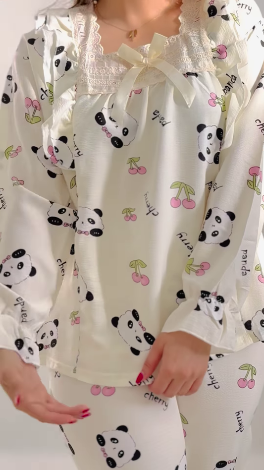 Cozy Long-Sleeved Pajama Set with Cute Prints and Lace Trim