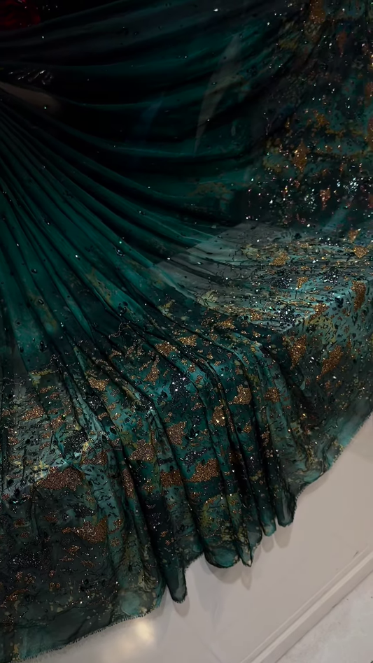 Elegant Emerald Green Ombre Saree with Embellished Border