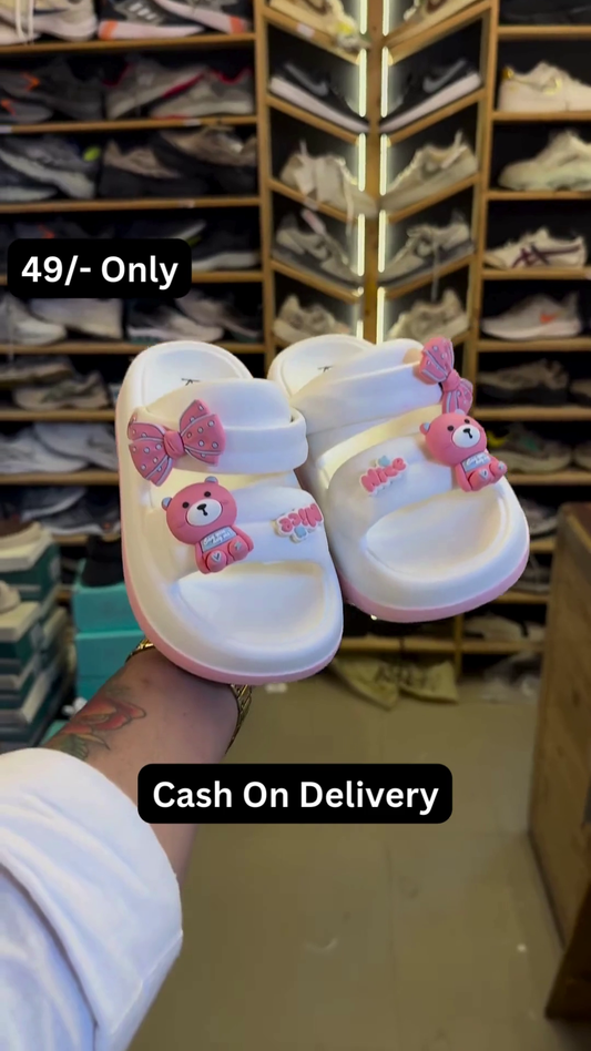 Cute White Kids’ Slides with Pink Bear and Bow Accents