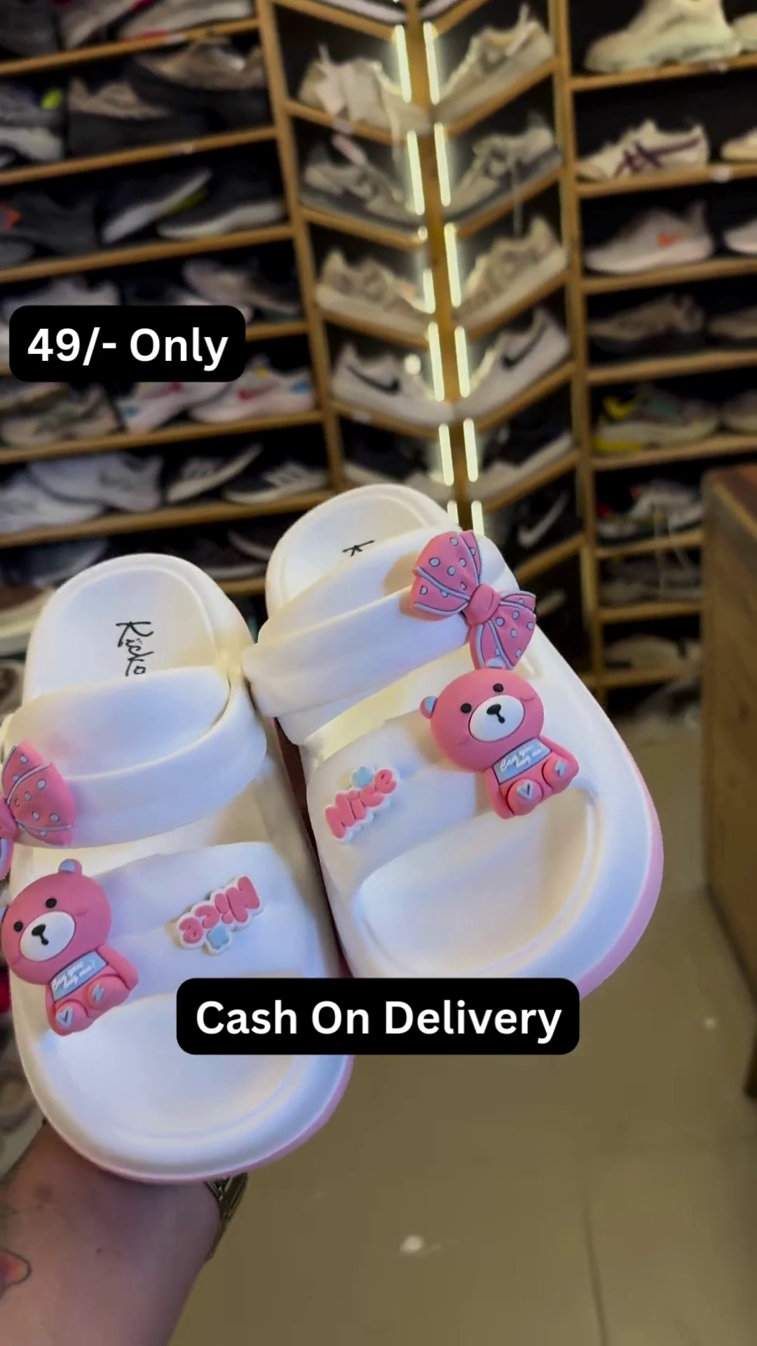 Cute White Kids’ Slides with Pink Bear and Bow Accents