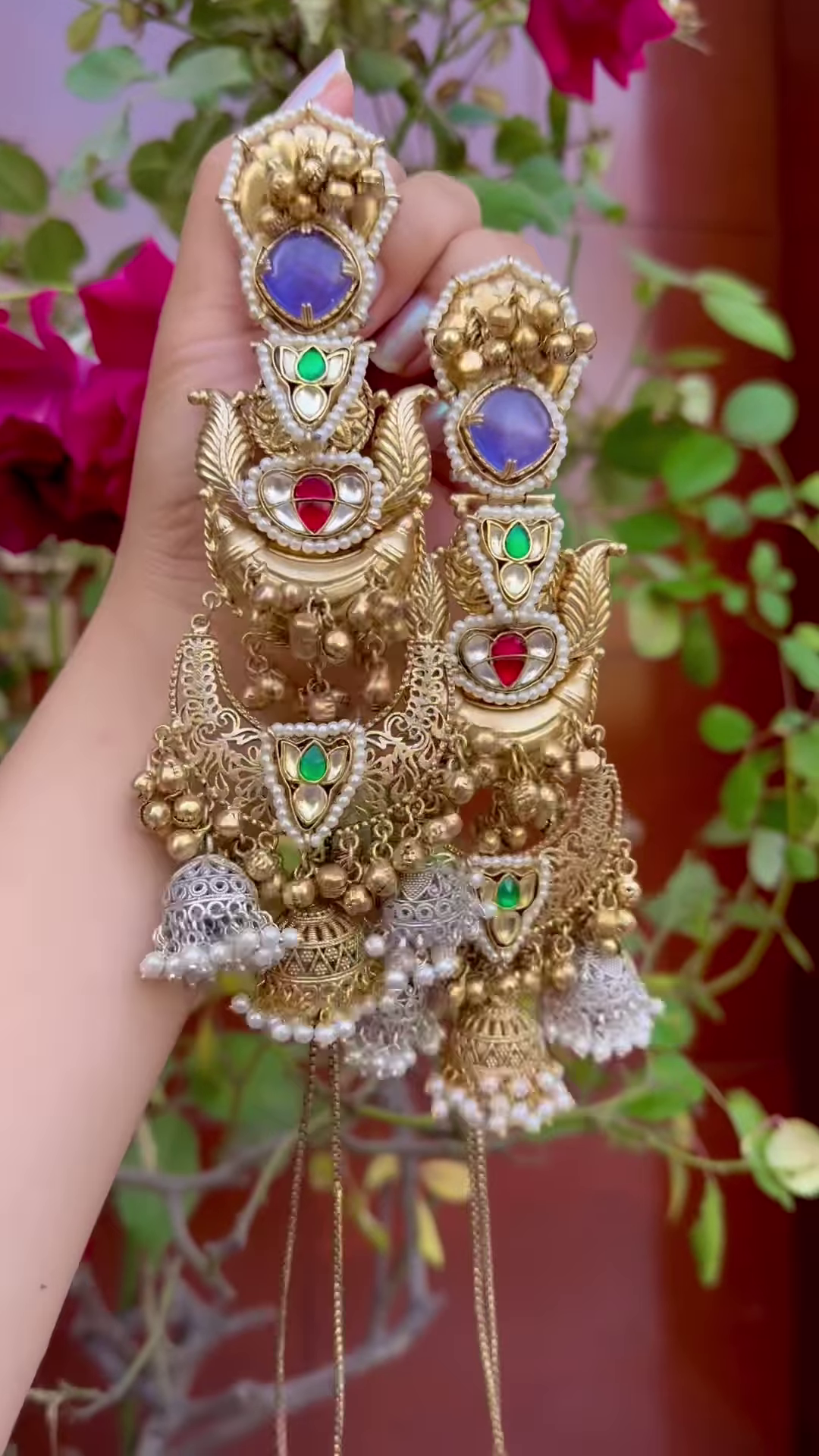 Elaborate Gold-Toned Chandbali Jhumka Earrings with Gemstones and Kashmiri Chains