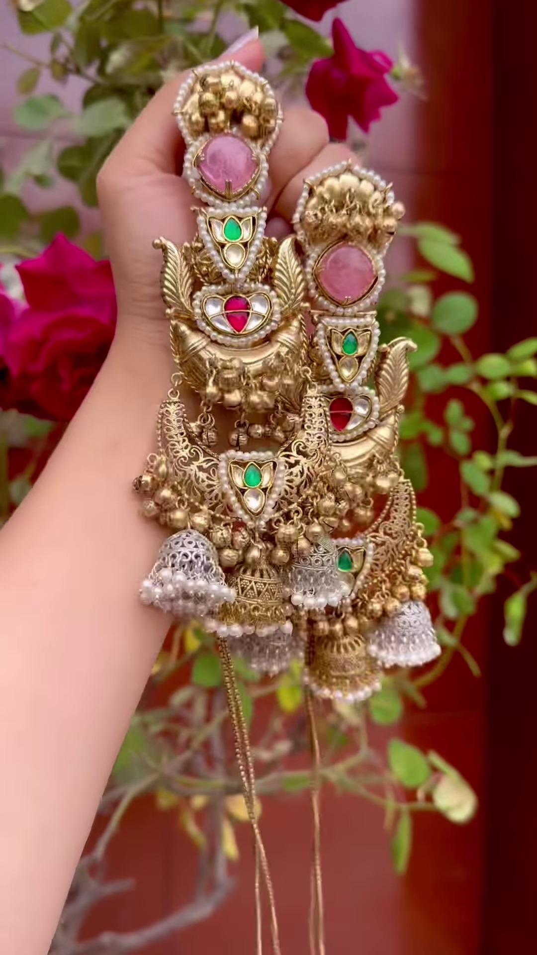 Elaborate Gold-Toned Chandbali Jhumka Earrings with Gemstones and Kashmiri Chains