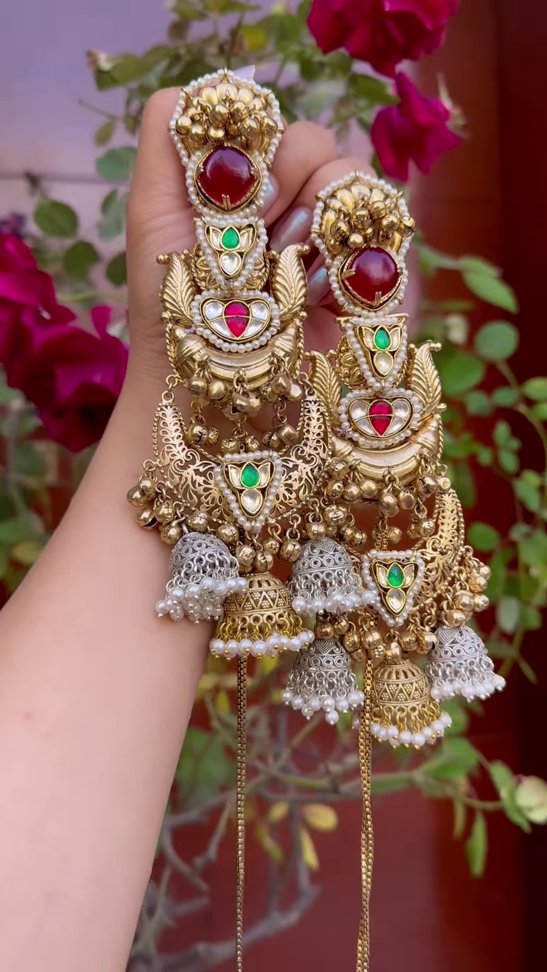 Elaborate Gold-Toned Chandbali Jhumka Earrings with Gemstones and Kashmiri Chains