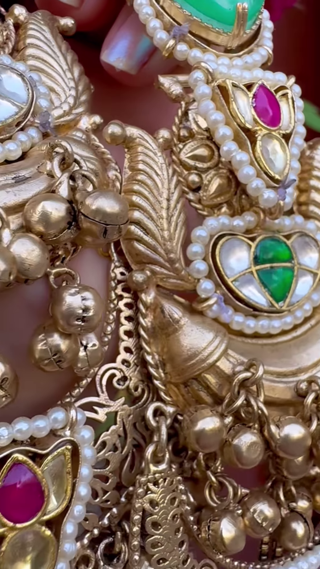 Elaborate Gold-Toned Chandbali Jhumka Earrings with Gemstones and Kashmiri Chains