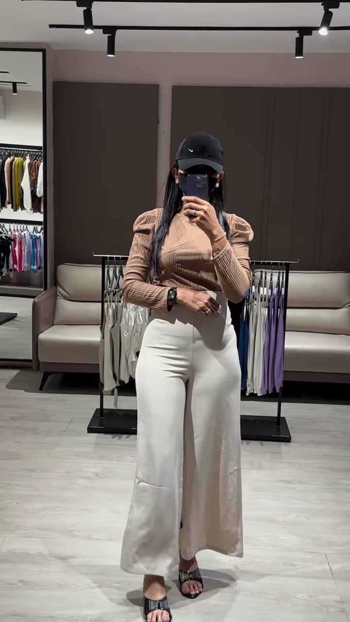 Elegant Ruched Sleeve Top with Deep V-Neck and High-Waisted Wide-Leg Pants