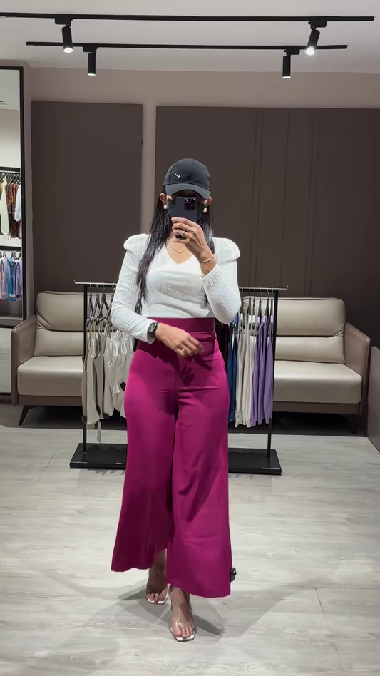 Elegant Ruched Sleeve Top with Deep V-Neck and High-Waisted Wide-Leg Pants