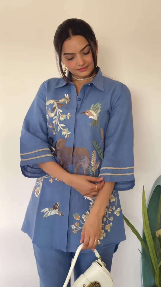 Artisanal Embroidered Linen Blend Shirt and Pants Set with Animal Motifs