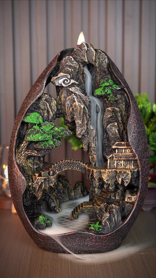 Backflow Incense Burner with Mountain Landscape and Waterfall Effect