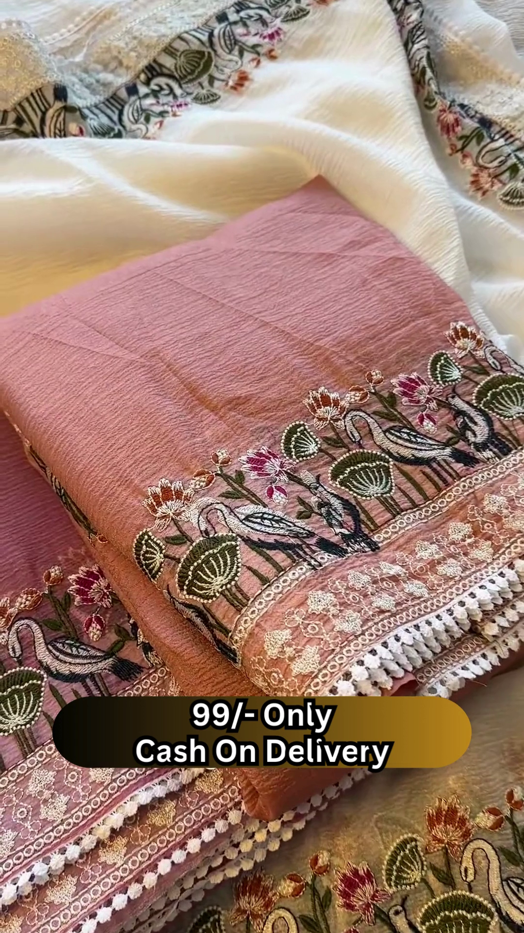 Elegant Off-White Saree with Floral and Bird Embroidered Border